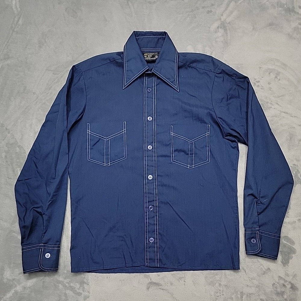 VTG JCPenney Shirt Boys Small Navy Blue No Iron Disco Contrast Stitch Western